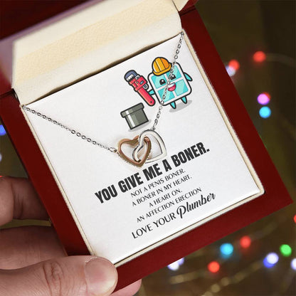 You Give Me A Heart Boner An Affection Erection Interlocking Heart Necklace Funny & Sarcastic Love For Her Mature Gag Plumber'S Wife Funny Gift Interlocking Hearts Necklace