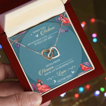When You Believe Beyond What Your Eyes Interlocking Hearts Necklace Message Card