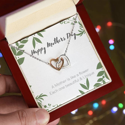 A Mother Is Like A Flower - Each One Beautiful & Unique Interlocked Hearts Mothers Day Gift Interlocking Hearts Necklace