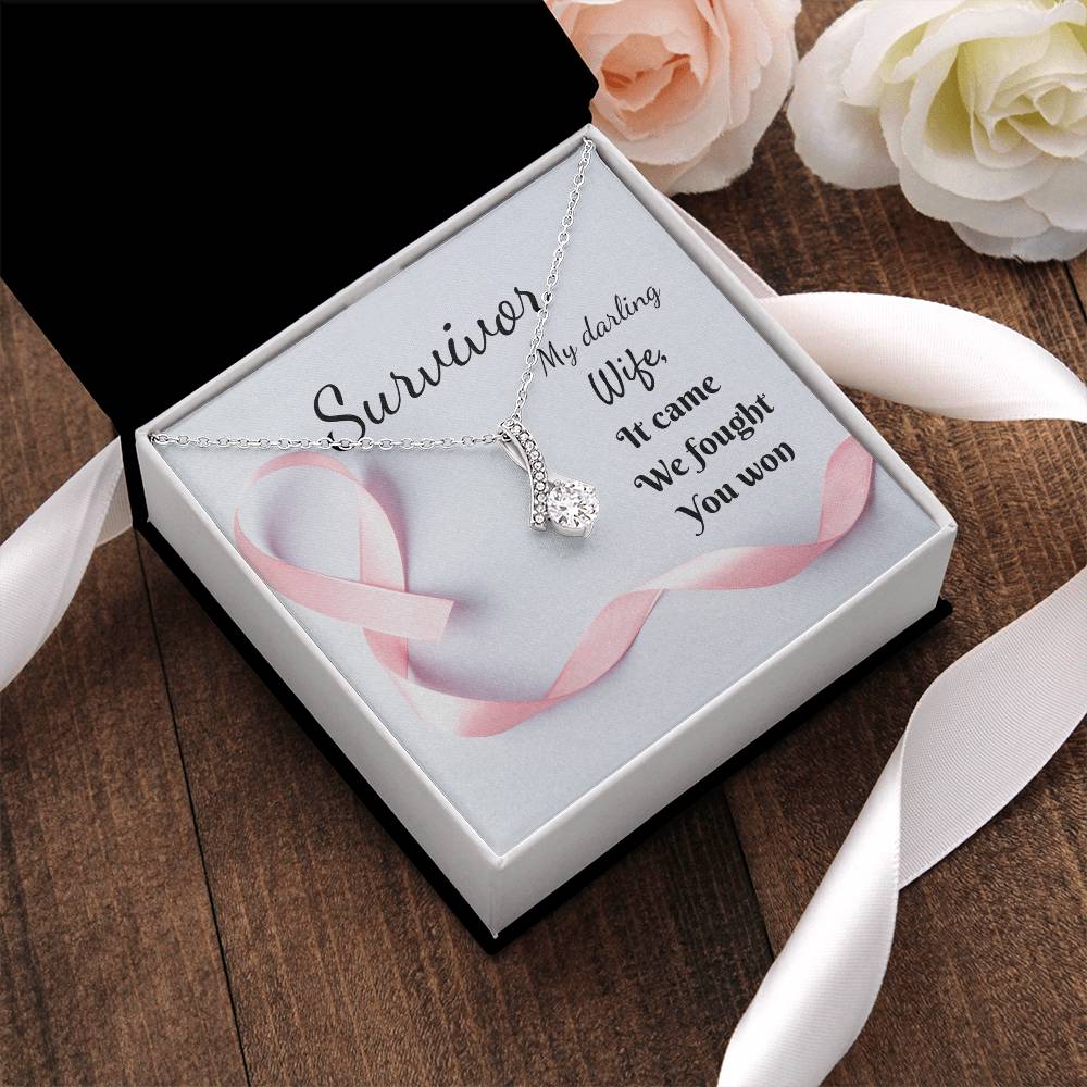 Celebrate Your Wife's Victory Over Breast Cancer. Survivor Gift. Beautiful Cz Ribbon Pendant Alluring Beauty Necklace