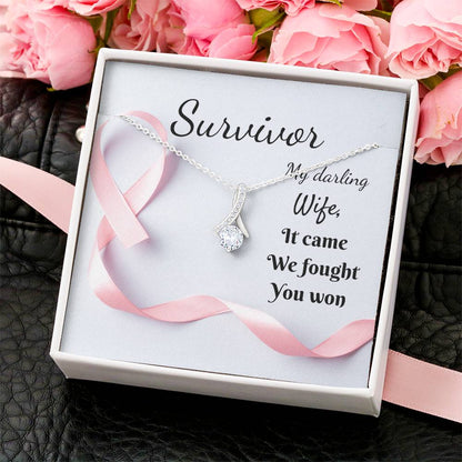 Celebrate Your Wife's Victory Over Breast Cancer. Survivor Gift. Beautiful Cz Ribbon Pendant Alluring Beauty Necklace